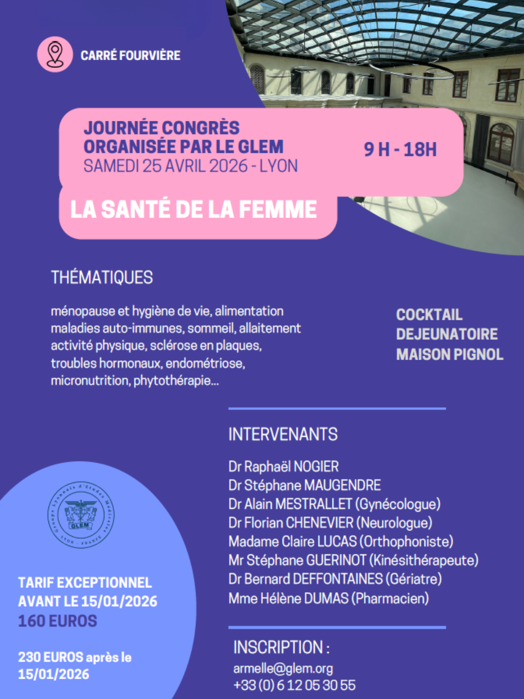 Journée congrès de la santé de la femme de 9h à 18h au glem (Lyon) le 26 avril 2026