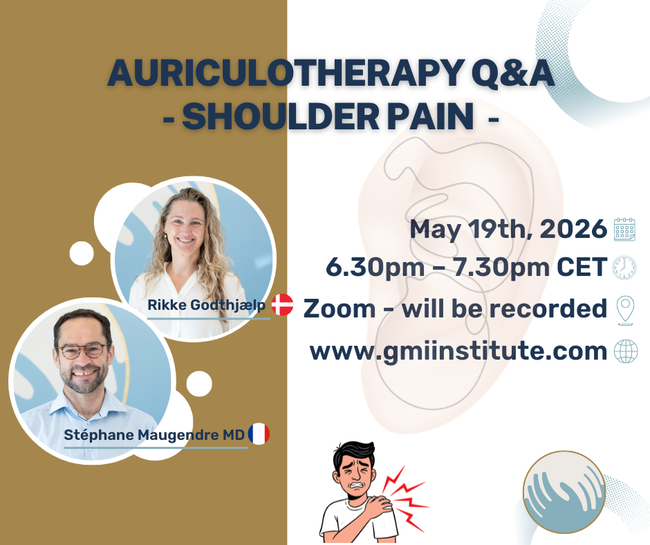 AURICULOTHERAPY Q & A and SHOULDER PAIN This theme webinar is May 19th 2026 6 times a year you can join us on Zoom. Here we will talk about a theme and answer questions about Auriculotherapy in general. "Shoulder pain" is on the 19th of May 2025 at 18.30 - 19.30 / 6.30pm – 7.30pm CET